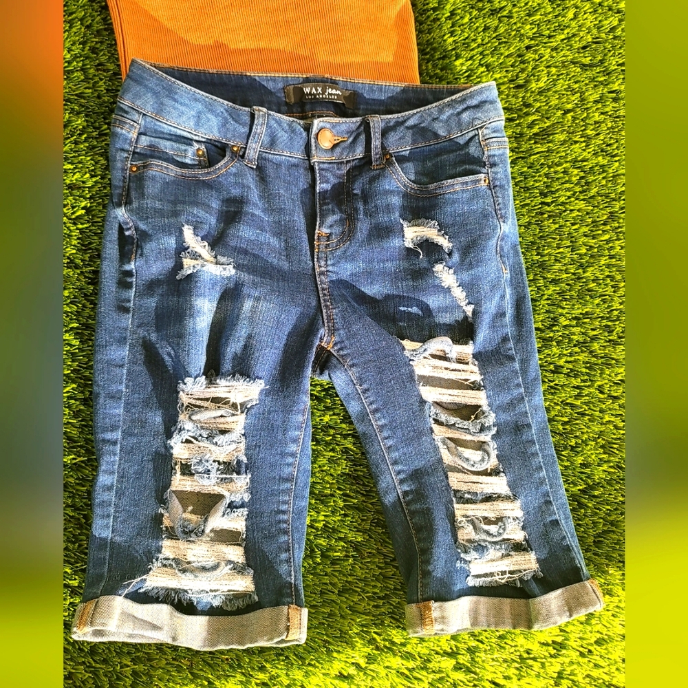 Wax Jean Distressed Denim Bermuda Shorts - Size S